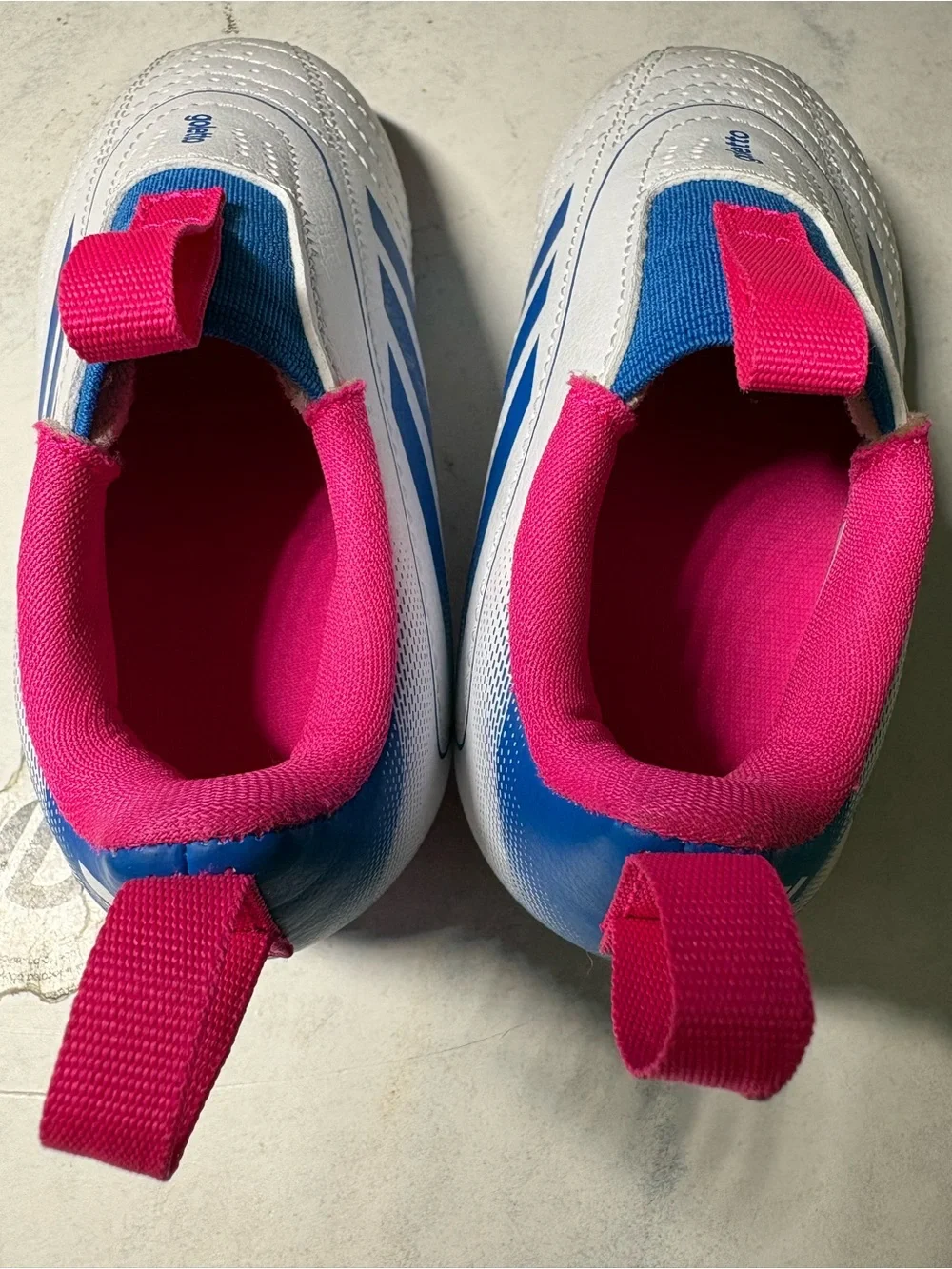 Kids White & Blue Athletic Cleats with Pink Trim